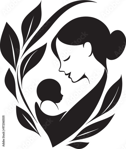 Mother and Baby Smiling  art Silhouette style in butyfull love shape