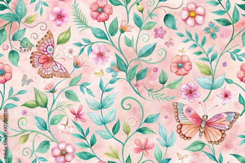 "Whimsical flowers entwined with vines and butterflies dance across a pastel pink background in a repeating pattern of hand-painted texture and watercolor-inspired colors."