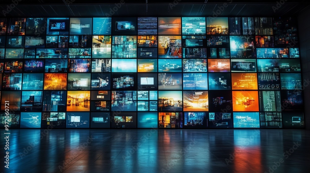 Wall of video screens displaying colorful and abstract digital patterns. Wall of video screens displaying colorful and abstract digital patterns.