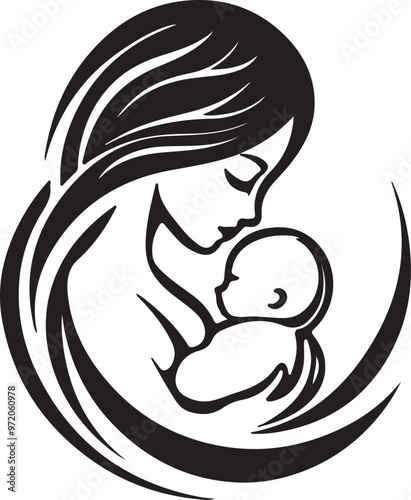 Mother and baby logo and icon illustration in black and white, minimalist design featuring maternal love, family care, and nurturing bond, perfect for branding, health, and wellness