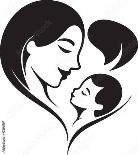 Elegant mother and child logo and icon illustration in black and white, minimalistic and symbolic design perfect for family, motherhood, and parenting concepts