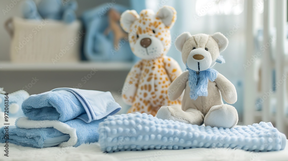 Newly wash baby clothing is matched by an animal toy and soap fabric soften