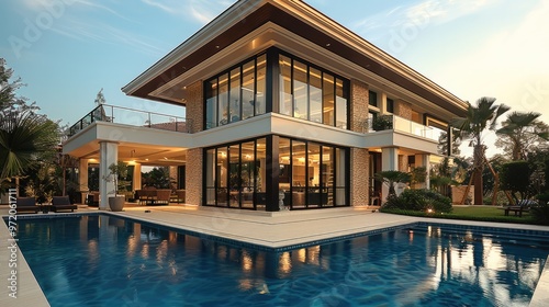 Wallpaper Mural 2 story house and swimming pool at the front. Generative AI. Torontodigital.ca