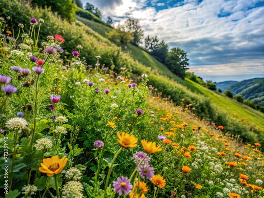 Wildflowers bloom amidst leafy vines on a gentle slope, blended with earthy tones and subtle texture for a natural, organic look. Wildflowers bloom amidst leafy vines on a gentle slope, blended with earthy tones and subtle texture for a natural, organic look.