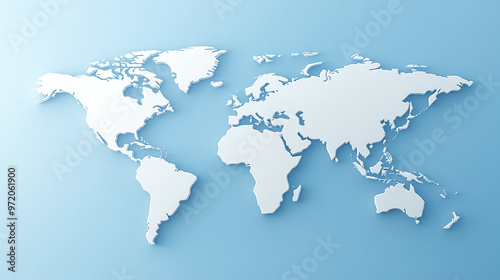 Fototapeta Naklejka Na Ścianę i Meble -  3D world map rendered on a soft blue gradient background. The sleek design highlights global connectivity and simplicity, perfect for modern and clean visuals