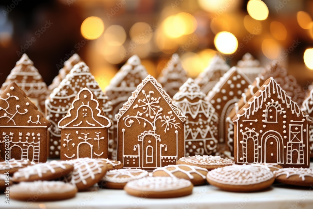 Gingerbread Cookies: Showcase the intricately decorated gingerbread cookies, perhaps with a village holiday market visible in the background. Gingerbread Cookies: Showcase the intricately decorated gingerbread cookies, perhaps with a village holiday market visible in the background.