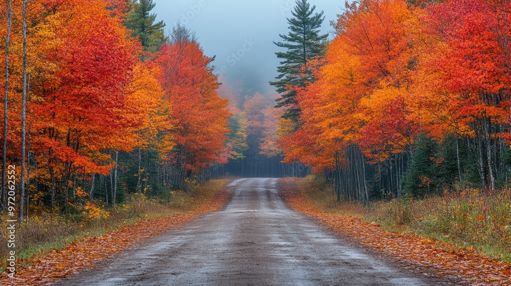 Obraz premium A calm autumn path through the woods, the trees ablaze with fall colors, with the ground thick with leaves, and the sun casting long shadows