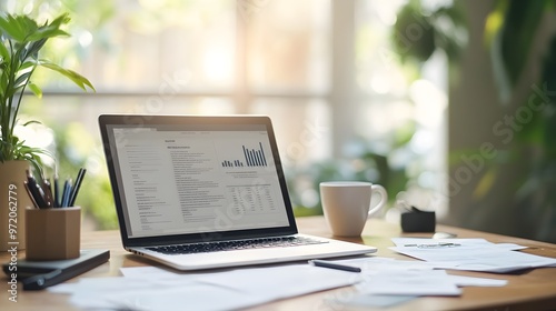 Modern home interior with a laptop on a desk displaying a refinancing calculator, surrounded by financial documents and a cup of coffee