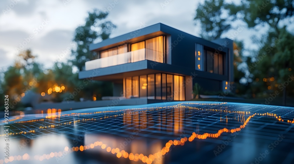 Visual representation of fluctuating interest rates on a graph, modern home in the background, abstract financial concept, clear visuals Visual representation of fluctuating interest rates on a graph, modern home in the background, abstract financial concept, clear visuals