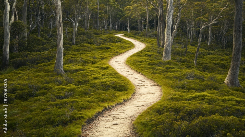 Obraz premium Serene Hiking Trail in Tasmania's Wilderness: A Journey Through Majestic Forests