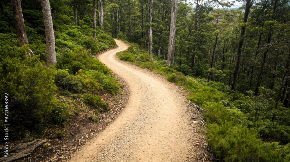 Naklejka premium Serene Hiking Trail in Tasmania's Wilderness: A Journey Through Majestic Forests