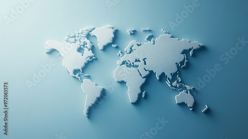 Fototapeta Naklejka Na Ścianę i Meble -  3D world map rendered on a soft blue gradient background. The sleek design highlights global connectivity and simplicity, perfect for modern and clean visuals