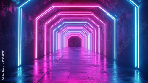 A modern sci-fi setting features a vibrant corridor with deep perspective and accentuating neon lighting.