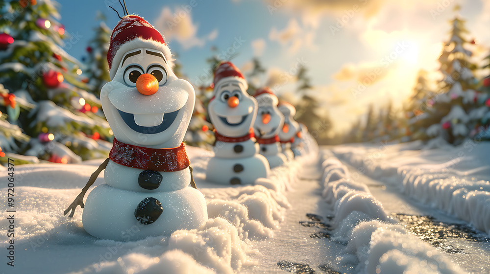 Obraz premium Snowman in the middle of the snow lined up, funny, children's, realistic, Christmas theme