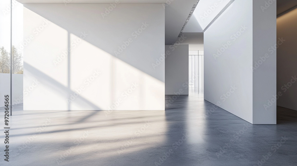 modern art gallery with sleek, bright interior, showcasing a large blank white wall as its centerpiece. The minimalist design highlights the potential for creative exhibitions or artwork presentations modern art gallery with sleek, bright interior, showcasing a large blank white wall as its centerpiece. The minimalist design highlights the potential for creative exhibitions or artwork presentations