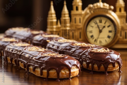 Wallpaper Mural Chocolate Eclairs: Close-ups of chocolate eclairs, highlighting the glossy chocolate glaze and creamy fillings, with a village clock tower visible in the distance. Torontodigital.ca