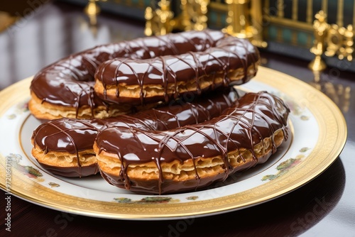 Wallpaper Mural Chocolate Eclairs: Close-ups of chocolate eclairs, highlighting the glossy chocolate glaze and creamy fillings, with a village clock tower visible in the distance. Torontodigital.ca