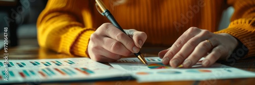A person writing notes and analyzing data with a pen, focusing on details in a creative workspace.