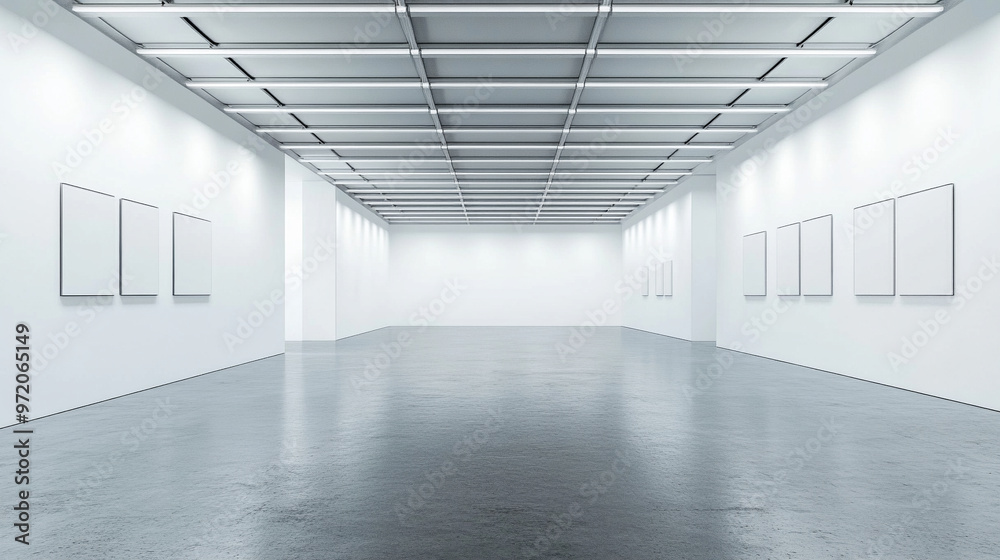 modern art gallery with sleek, bright interior, showcasing a large blank white wall as its centerpiece. The minimalist design highlights the potential for creative exhibitions or artwork presentations modern art gallery with sleek, bright interior, showcasing a large blank white wall as its centerpiece. The minimalist design highlights the potential for creative exhibitions or artwork presentations