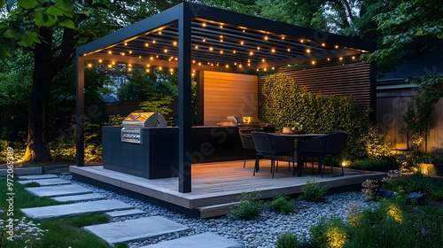 Wallpaper Mural Modern outdoor kitchen, sleek grill smoking, contemporary pergola, vibrant garden, illuminated by elegant string lights at dusk Torontodigital.ca