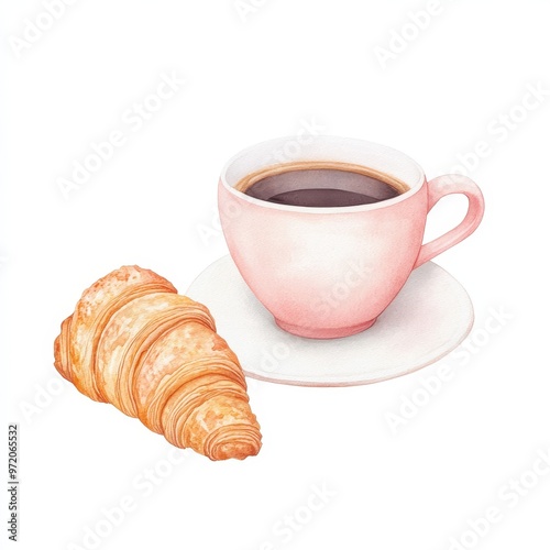 A delightful pink cup of coffee with a buttery croissant, perfect for a cozy breakfast scene., on white background