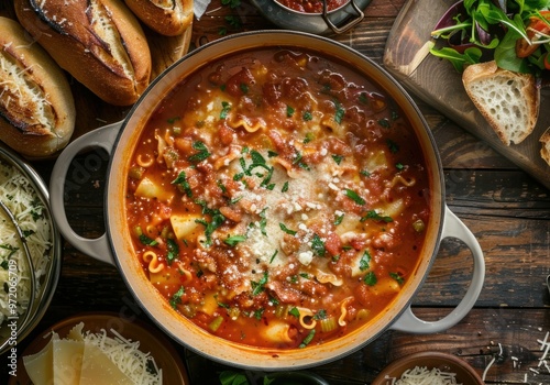 Pot of Lasagna Soup with Bread and Salad on a Rustic Table