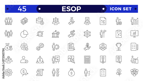 Employee stock ownership plan Outline icon collection. ESOP, benefits, company, shares, benefits, management, win-win, scheme, and ownership icon set. UI outline icon pack.