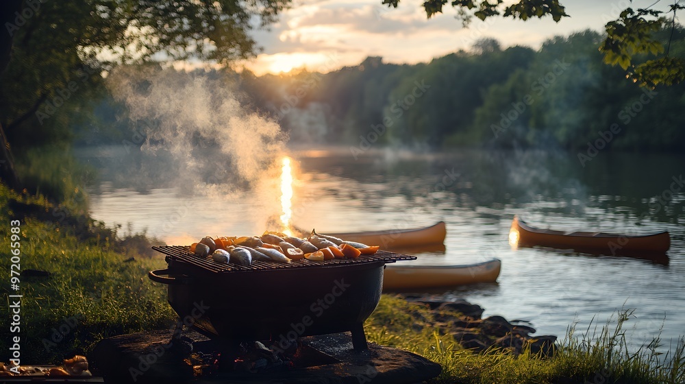 Riverside barbecue during golden hour, smoke rises from a grill full of fish and vegetables, canoes gently rocking by the shore, trees casting shadows Riverside barbecue during golden hour, smoke rises from a grill full of fish and vegetables, canoes gently rocking by the shore, trees casting shadows