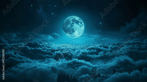 serene night sky with a bright full moon glowing above thick clouds, casting a peaceful light over the landscape. The calm atmosphere evokes feelings of tranquility, mystery, and celestial wonder