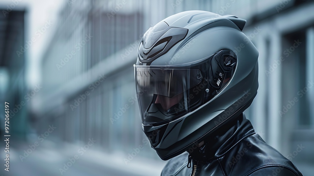 Fototapeta premium Biker in helmet and glasses sitting on the motorbike, blurred background