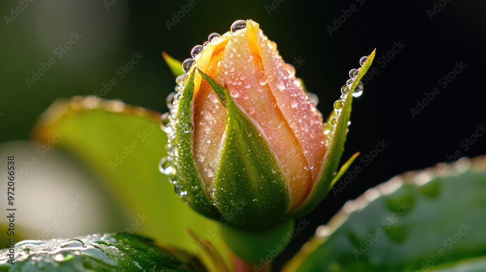 A close up of flower bud beginning to open, adorned with glistening water droplets. delicate petals and vibrant colors evoke sense of freshness and beauty in nature A close up of flower bud beginning to open, adorned with glistening water droplets. delicate petals and vibrant colors evoke sense of freshness and beauty in nature