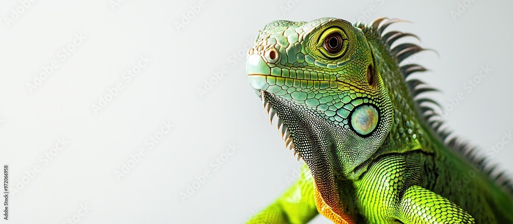 Fototapeta premium Close-up Portrait of a Green Iguana On White Background. Copy Space For Add Text. 3D Illustration. Generate Ai Image