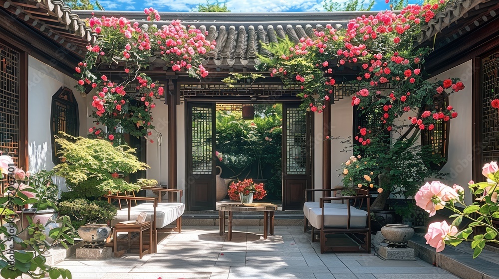 Obraz premium Chinese-style courtyard, covered with rose on the roof of the courtyard, two tables under the roses, an outdoor sofa, surrounding bonsai green plants and flower, natural marble on the courtyard floor.