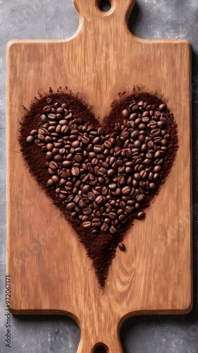 Cocoa powder shaped into a heart with a coffee bean center on a vintage chopping board
