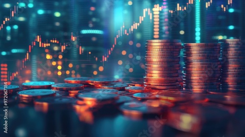 Stacks of coins against a backdrop of a stock market chart with a blurred city lights background.