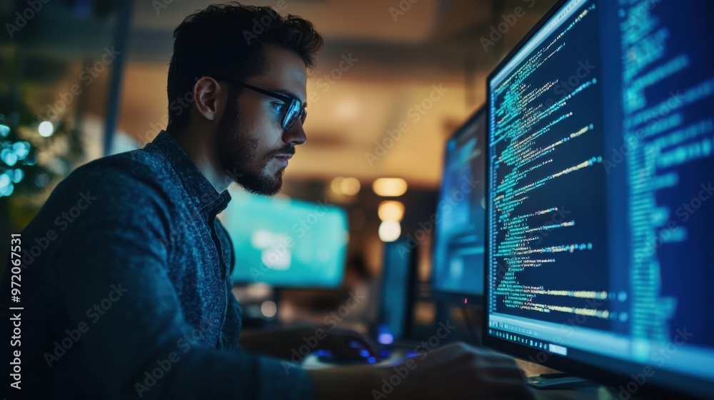 A focused programmer working late at night, surrounded by multiple monitors displaying complex code and digital data. A focused programmer working late at night, surrounded by multiple monitors displaying complex code and digital data.