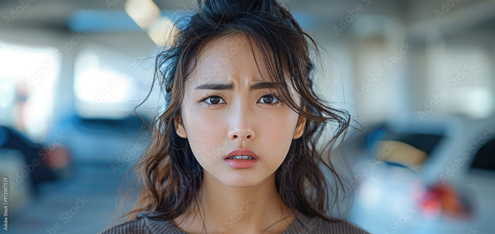 Asian woman frowning expression while talking like she was protesting about something, messy hair. Generative AI. Asian woman frowning expression while talking like she was protesting about something, messy hair. Generative AI.
