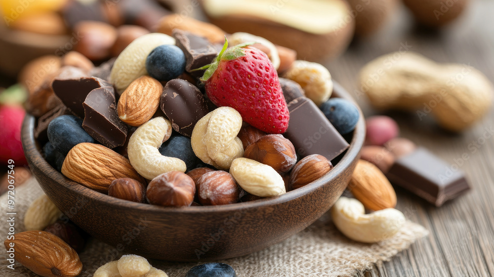 A delightful assortment of chocolate covered nuts and fresh strawberries creates tempting snack. This bowl features variety of textures and flavors, perfect for any occasion A delightful assortment of chocolate covered nuts and fresh strawberries creates tempting snack. This bowl features variety of textures and flavors, perfect for any occasion