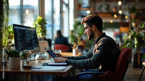 A focused young man working on a tablet at a modern workspace with plants and computer screens, exemplifying productivity and creativity.