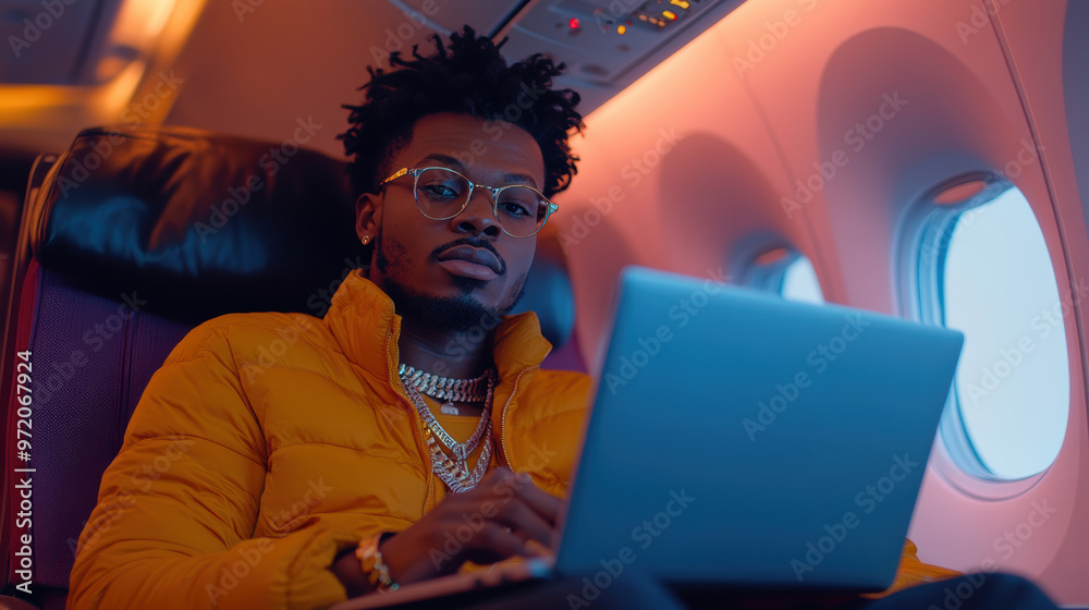 Man Working on Laptop During Airplane Flight in a Comfortable Setting, Focused on His Tasks Man Working on Laptop During Airplane Flight in a Comfortable Setting, Focused on His Tasks