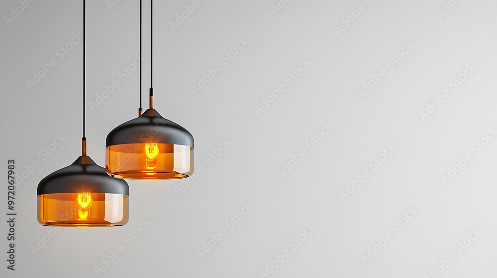 Two Amber Glass Pendant Lights Against a White Wall Two Amber Glass Pendant Lights Against a White Wall