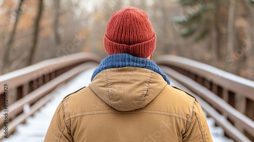Man in Winter Clothing Standing on a Bridge.