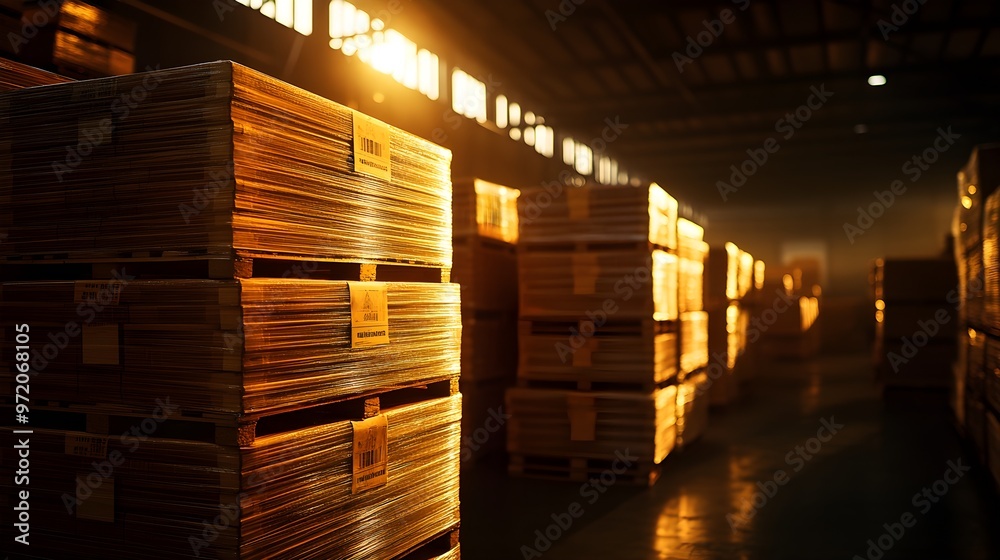 Stacks of palletized furniture tightly wrapped in industrial plastic, warehouse setting, warm tones, high contrast, 3D realism, detailed textures Stacks of palletized furniture tightly wrapped in industrial plastic, warehouse setting, warm tones, high contrast, 3D realism, detailed textures