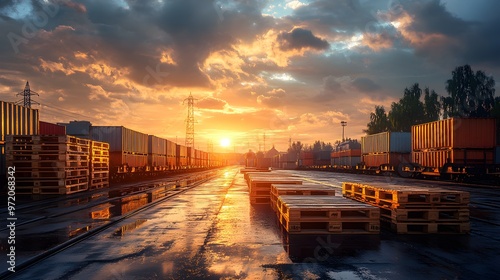 Sun setting behind a freight yard, casting long shadows over pallets and stationary trains, blending warm tones with industrial grittiness photo