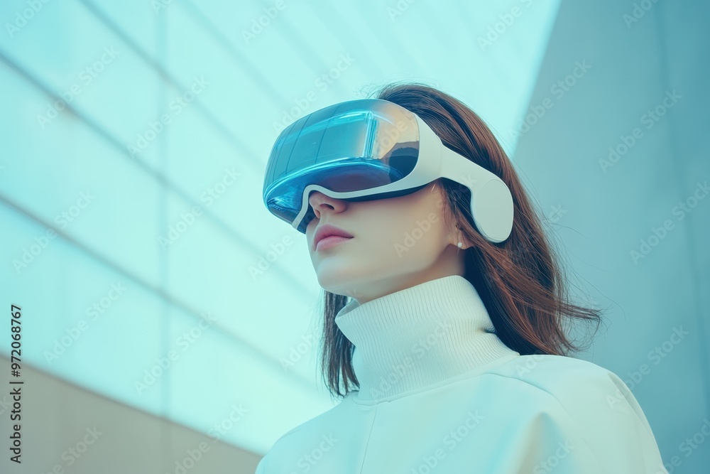 Futuristic Gen Z Style: Young Woman with Augmented Reality Accessories in Minimalist Fashion of 2024 Futuristic Gen Z Style: Young Woman with Augmented Reality Accessories in Minimalist Fashion of 2024