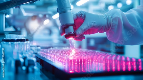 Technicians in a high-tech lab, using robotic arms for stress testing beryllium copper samples, holographic display tracking the test in real-time, industrial setting, vibrant neon highlights