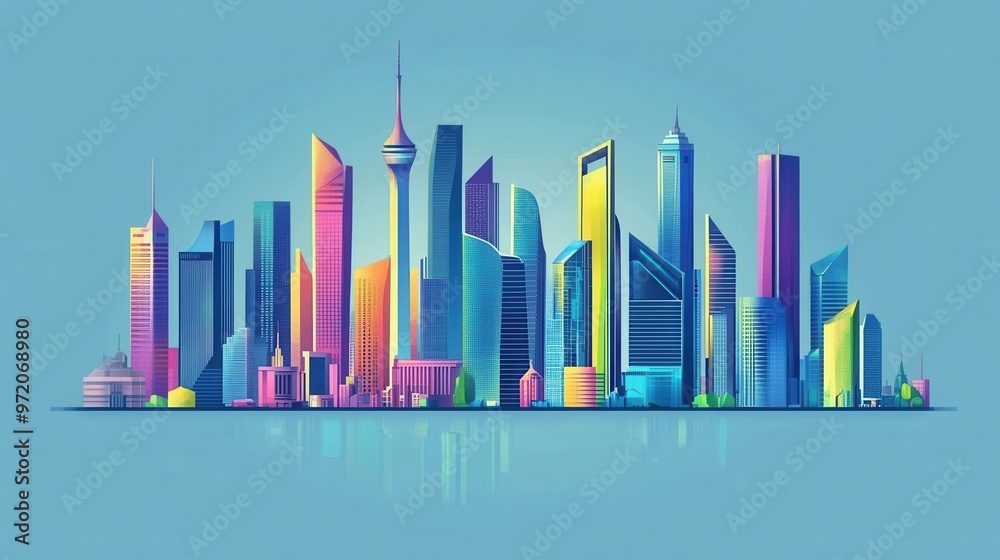 Vibrant city skyline illustration featuring colorful skyscrapers and modern architecture against a clear blue background. Vibrant city skyline illustration featuring colorful skyscrapers and modern architecture against a clear blue background.