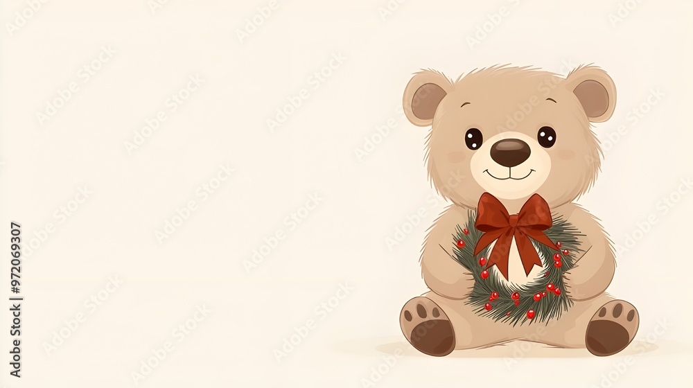 Obraz premium Cute Teddy Bear Holding Christmas Wreath.