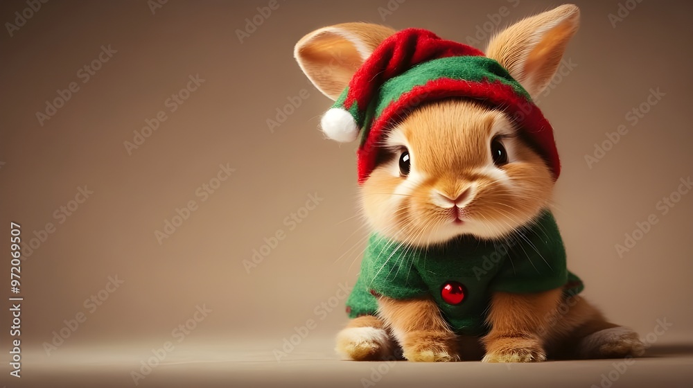 Fototapeta premium Adorable Bunny Dressed in Festive Christmas Elf Costume.