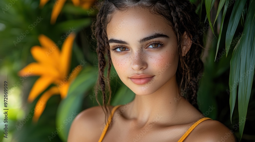A gentle portrait of a woman with braids, standing before a wall of vibrant plants, her expression reflecting peace and quiet joy A gentle portrait of a woman with braids, standing before a wall of vibrant plants, her expression reflecting peace and quiet joy